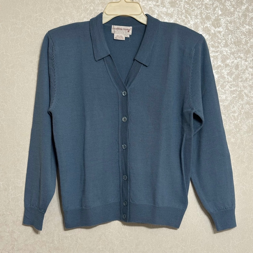 Courtney Rhodes Collared Cardigan 100% Wool Vintage Blue Classic Minimalist L